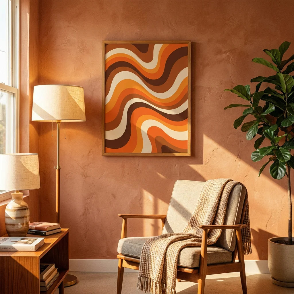 Tableau art mural abstrait ondes oranges et terracotta style rétro années 70 Ambre & Volute